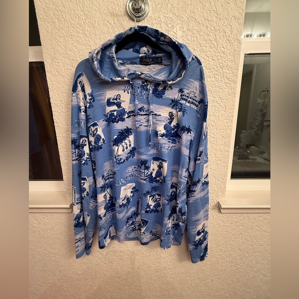 Polo Ralph Lauren Men’s Blue Hawaiian Aloha Floral Hoodie T-Shirt Size Large EUC